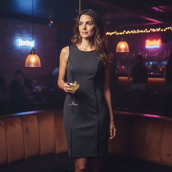 Y2K Glam Grey & Black Contour Detailing Fitted Sleeveless Mini Dress Rafaella 6P - Picture 12 of 12